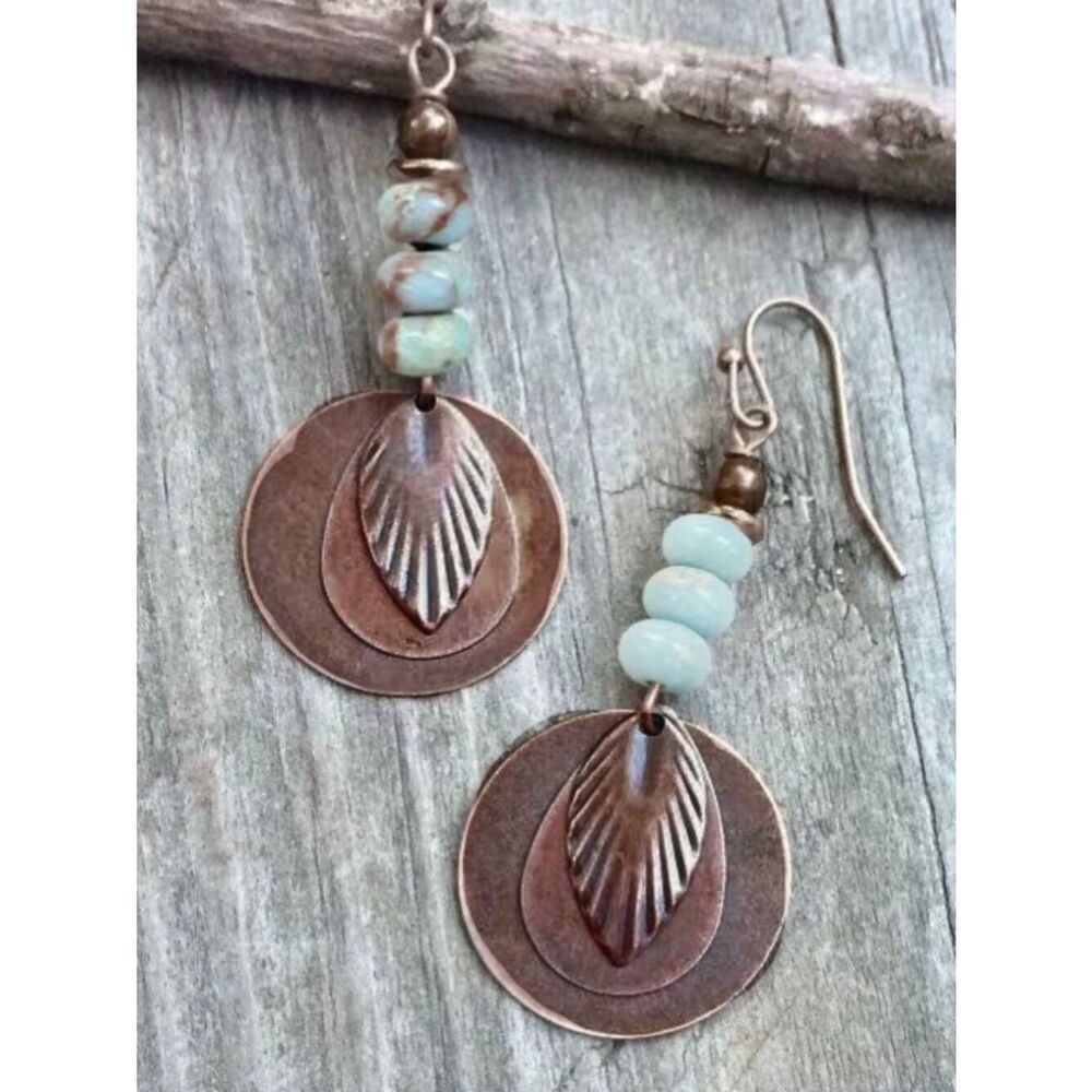 Boho Chic Aged Copper Earrings Beaded Leaf Mixed Shapes Dangles Antiqued Metal